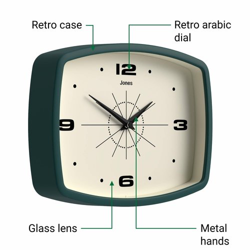 JONES CLOCKS® Movie Wall Clock | Rectangular Retro Clock | 10 inch | Dark Green | Cool mid-Century Designer Look for Kitchen, Living Room or Office
