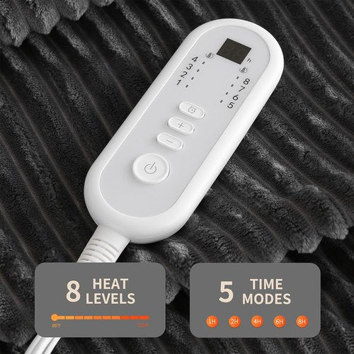 Sheet&Joy Heated Blanket Electric Grey Throw - 50"x60" Heating Blanket Throw 1/2/4/6/8 Hours Auto-Off 8 Heat Level Over-Heat Protection Ribbed Flannel Sherpa Electric ETL Certification