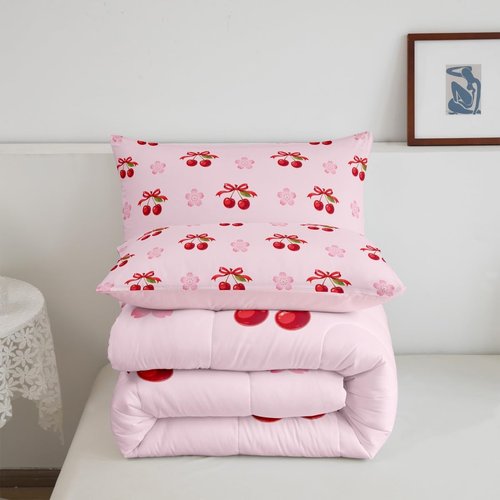 Feelyou Kids Bowknot Comforter Full Size, Red Cherry Comforter Set Boys Girls Dreamy Princess Bedding Set Colorful Floral Teens Duvet Set Bedroom Decor Microfiber Bed Set