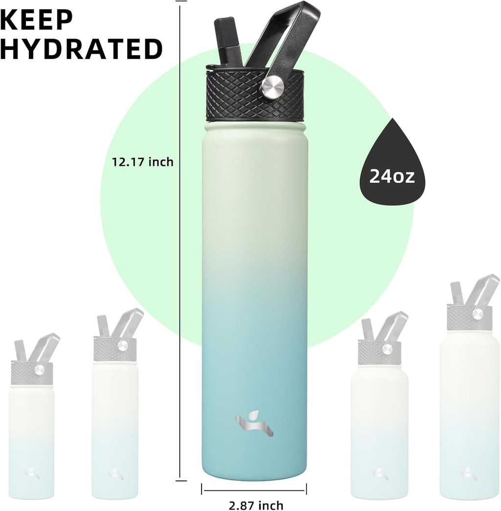 Skiennix Insulated Water Bottle - 24oz Stainless Steel Sport Bottle with 3 Lids | Mint Color