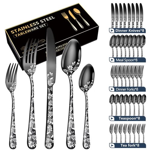 XIAOYU 40 Piece Silverware Set, Stainless Steel Flatware Set, Service for 8, Unique Pattern Design, Includes Dinner Knives/Forks/Spoons, Mirror Polished Cutlery Set, Rose Gold