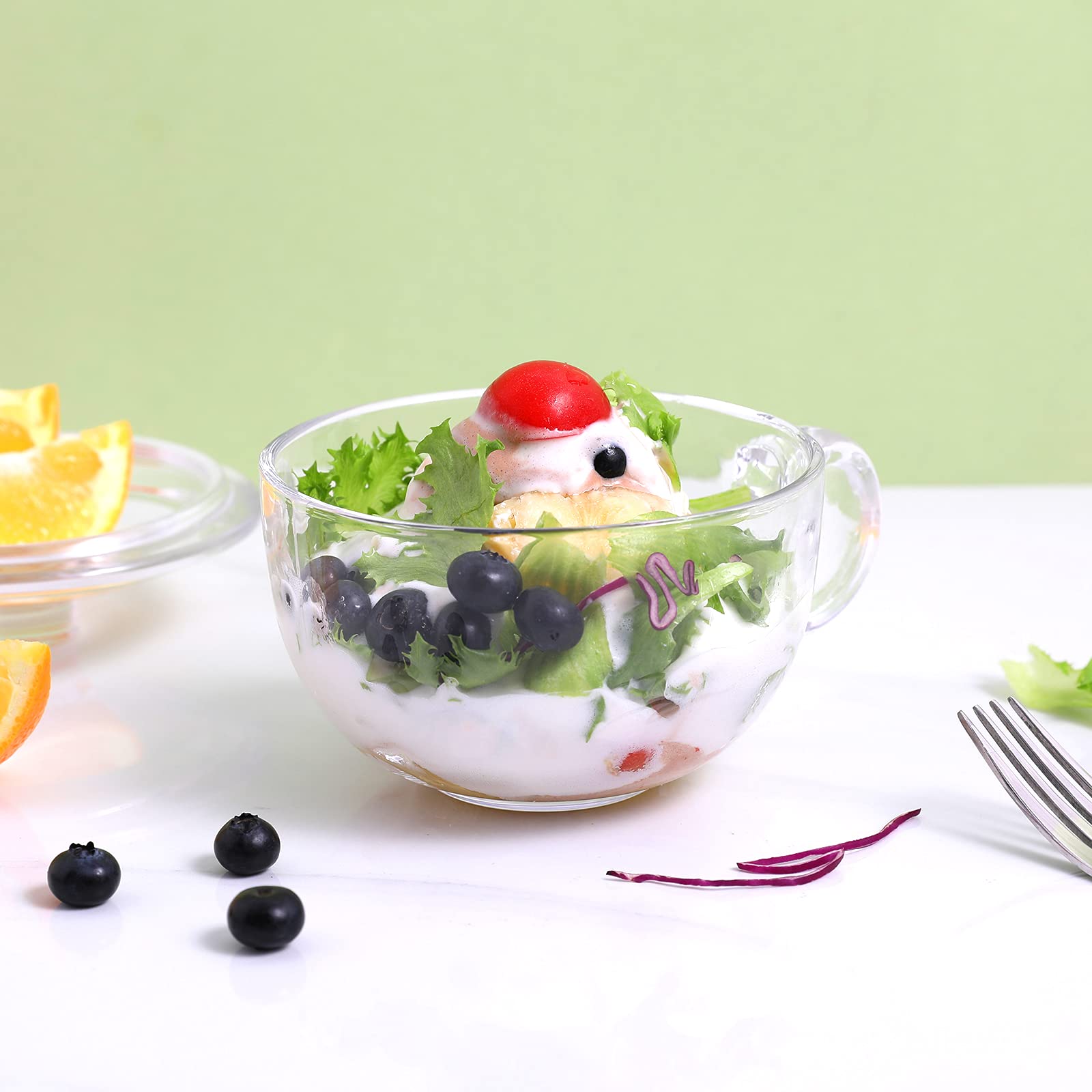 Foyofly Glass Cereal Bowl Soup Bowl with Handle Clear Small Bowls with Lid Oatmeal Breakfast Bowls Microwave Safe Glassware Yogurt Bowl Dessert Pasta Rice,500ml/16 oz