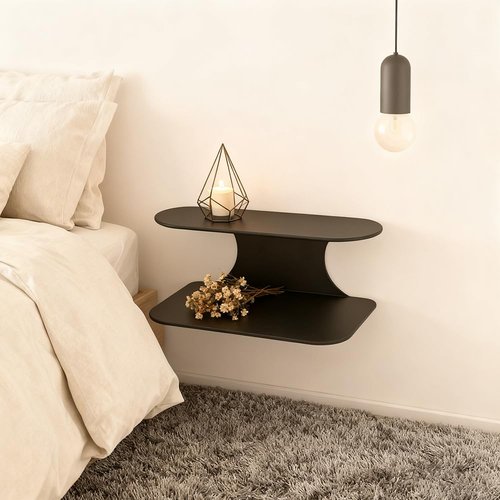 Simple Metal Floating Nightstands Set of 2, Wall Mounted Black Bedside Shelf for Bedroom, Minimalist Modern Bedside Stand, Floating Shelf with 2 Tier Storage for Bedroom (Black, Set of 2)