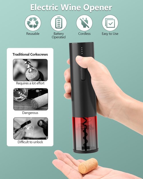 Electric Wine Opener Gift Set – Rechargeable Automatic Corkscrew with Aerator, Vacuum Seal Stoppers, Foil Cutter & Storage Base – 6-in-1 Wine Bottle Opener Kit for Wine Lovers, Women & Men