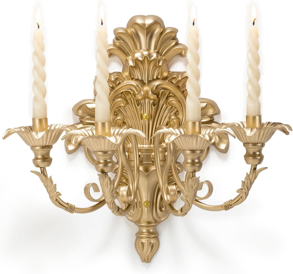 Roman Fountain Wall Sconce - 4-Candle Gold Baroque Candelabra | Antique Metal Tapered Candle Holder for Victorian Decor