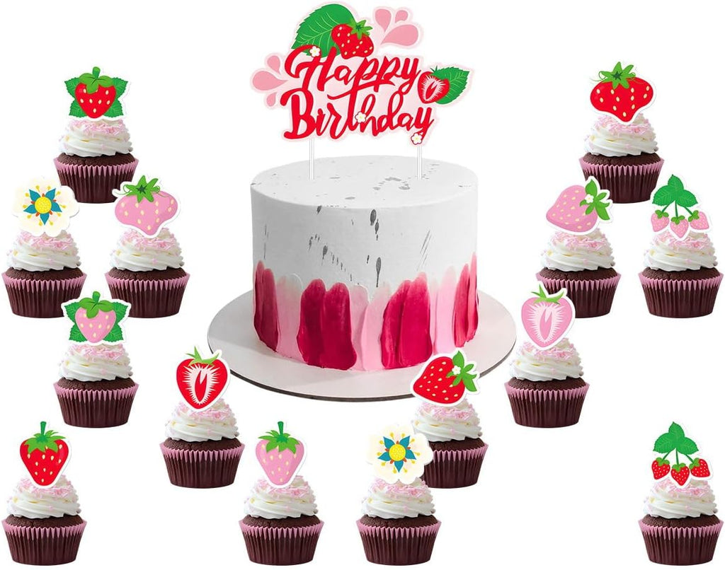 Strawberry Party Decoration Set - Balloons & Cake Toppers for Girls' Birthday | Fruit Theme Supplies