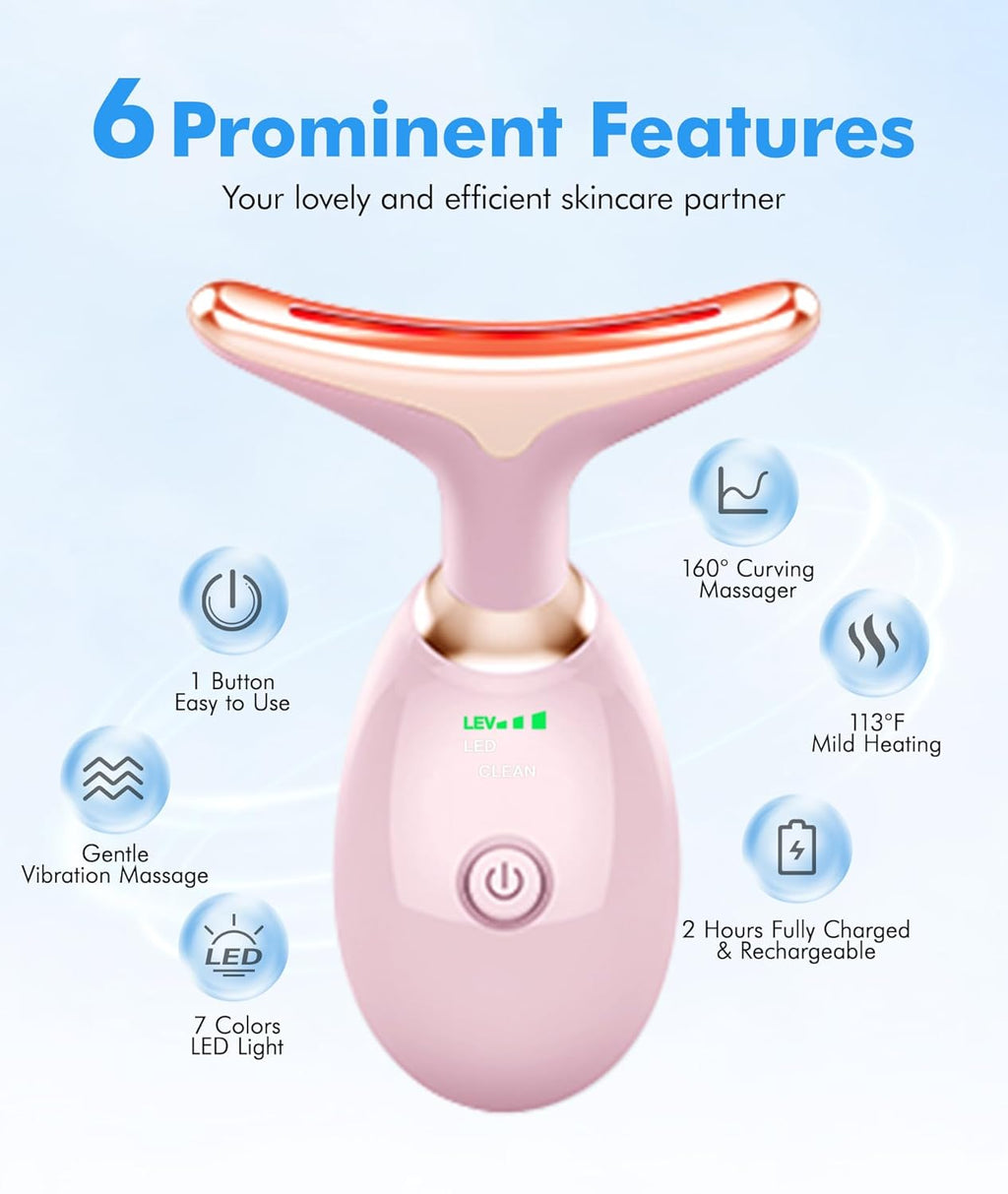 Skiennix Red Light Therapy Face Massager - 7 Color Vibrating Tool for Wrinkles & Double Chin | Glossy Pink