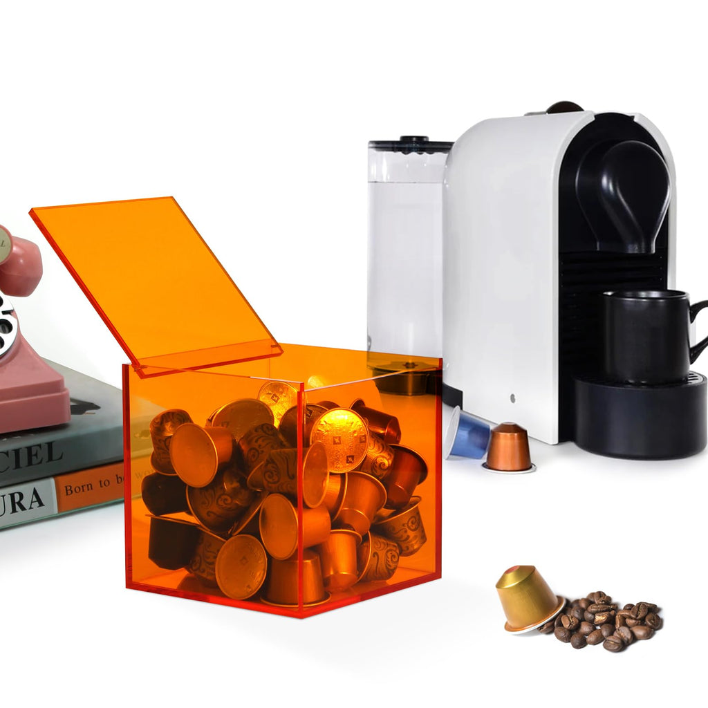 Coffee Capsule Storage Box Coffee Pod Holder Organizers Accessories Anti Dust Durable Clear Acrylic Box for House and Office Use, Orange, 5x5 In