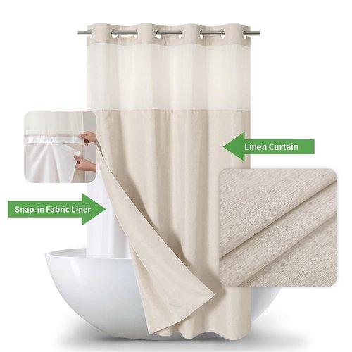 eachope Stall No Hooks Needed Linen Textured Shower Curtain with Snap-in Fabric Liner Set,Hotel Luxury Decor Shower Curtains for Bathroom,Waterproof & Washable,60Wx74H,Cream