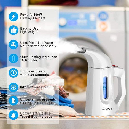 MASTEAM Handheld Steamer for Clothes Wrinkle Removes,Garment Steamer for Hat,1.5lbs Lightly,40s Fast Heat-up,8 FT Power Cord,800W, for Home and Travel with Automatic Shut-Off Safety Protection (white)