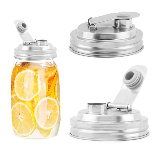 2 Pcs Mason Jar Pour Spout Lid, Stainless Steel Jar Lid Airtight Seal Cove-r Leakproof Mason Ja r Pitcher Lids for Drinking, Salad Dressing, Food Storing(COLOR:silver)