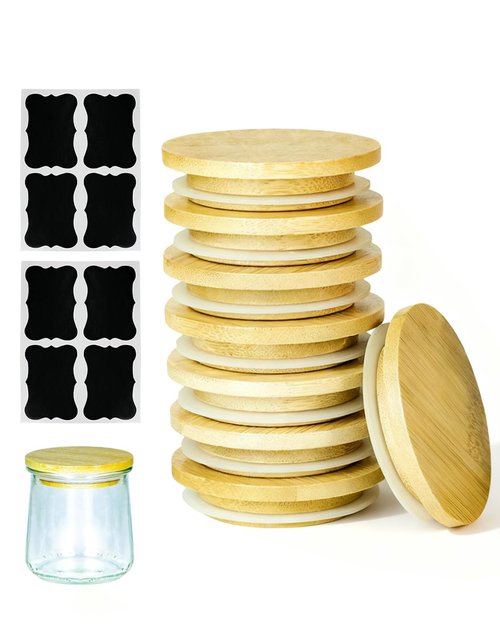 TERESRY 8 Pack Oui Yogurt Jar Lids with 8 Labels, Food-Grade Bamboo Lids for 5Oz Oui Yogurt Jars, Reusable Wooden Canning Covers Perfect for Oui Yogurt Bottle with Airtight Seal Ring(Jar not Included)