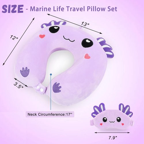 Travel Pillow, Kids Travel Pillow with Sleep Eye Mask Soft Memory Foam Kids Neck Pillow for Boys & Girls, Travel Accessories for Car Airplane Traveling - Purple Axolotl