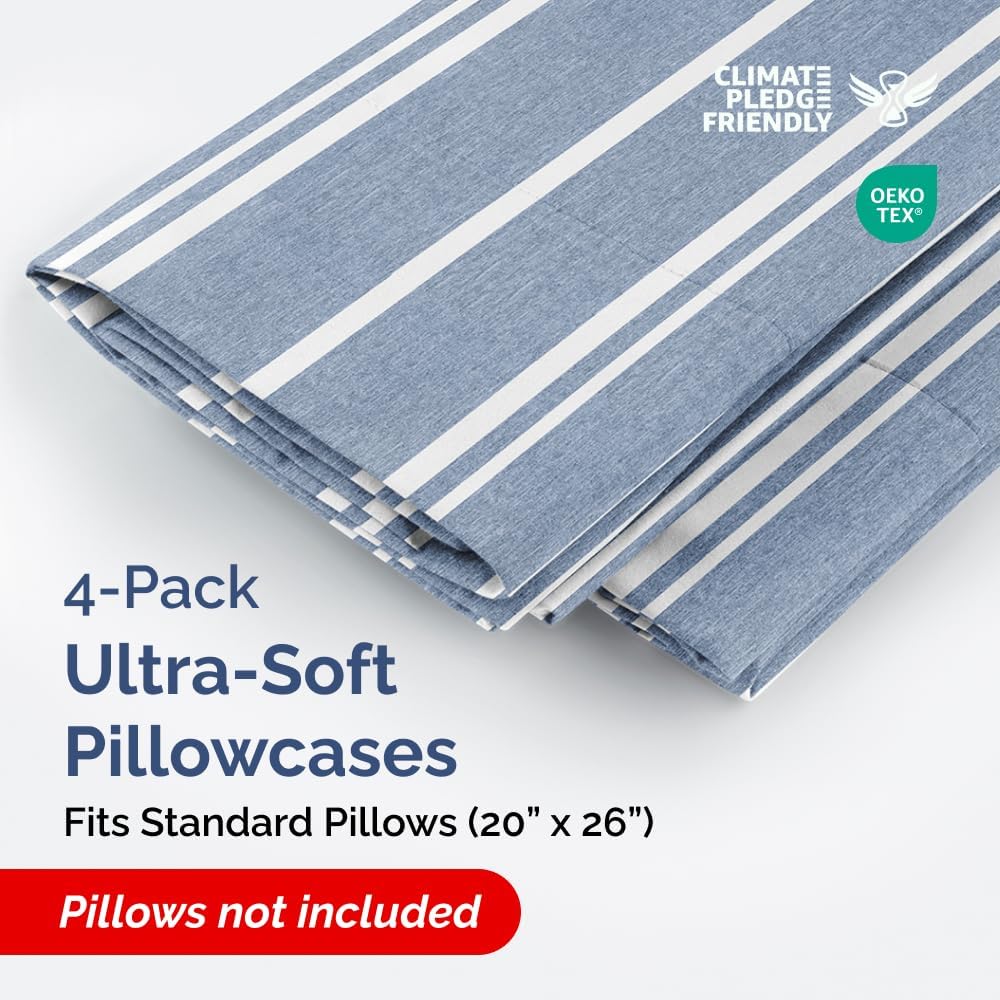 Standard Pillow Cases Set of 4 - Soft Hotel Quality Covers for Cozy Bedding | Machine Washable Blue Stripes