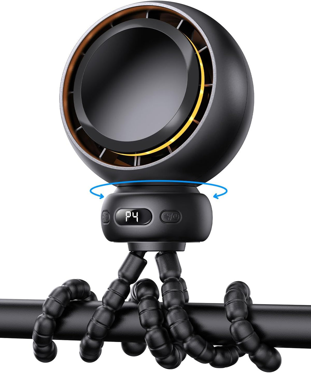 Skiennix Mini Portable Stroller Fan - 60° Auto Oscillation, USB-C Rechargeable, 4 Speeds, Night Light & Flexible Tripod (Black)