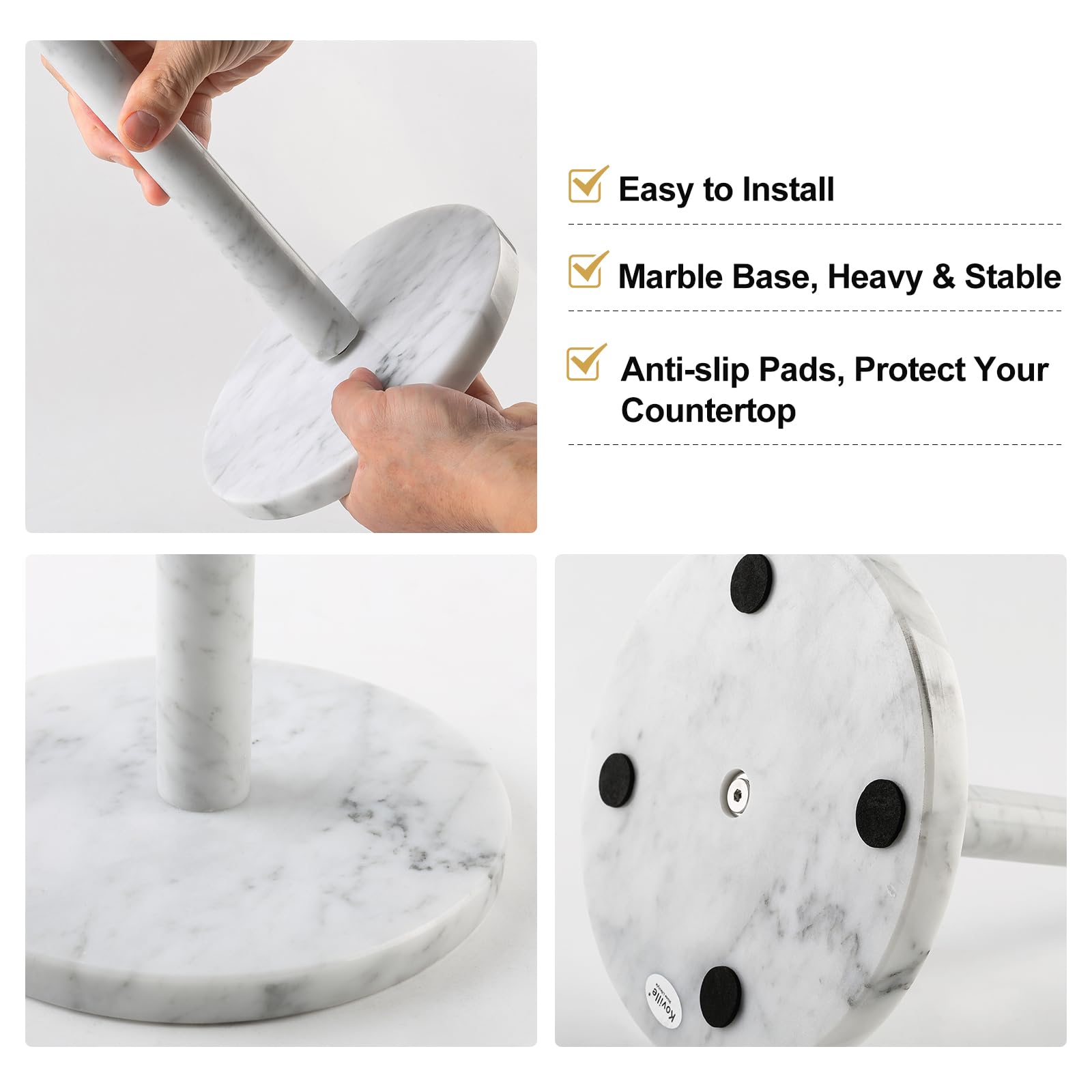 Koville Italian Marble Paper Towel Holder Countertop, Carrara Stone Paper Towel Holder Stand for Kitchen Storage, for Standard or Jumbo-Sized Rolls(Bianco Carrara)