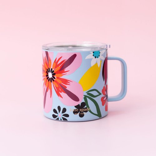 kate spade new york Stainless Steel Insulated Mug with Handle and Lid, 16 Ounce Double Wall Tumbler, Reusable Coffee Travel Mug for Hot and Cold Drinks (Safari Floral)