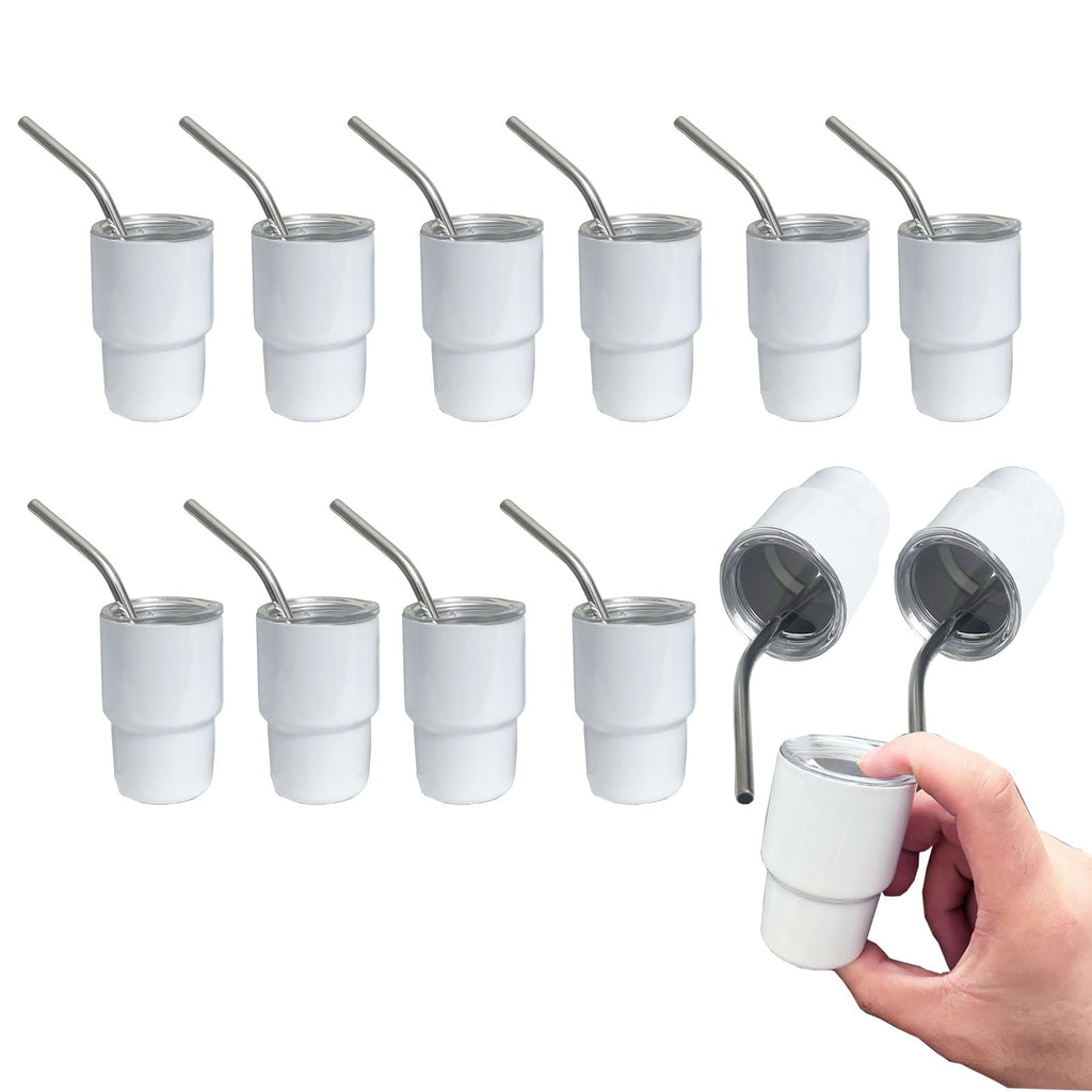 BEDAZE 3 oz Mini Tumbler Shot Glass with Straw，Sublimation Double layer metal Blank Stainless Steel Cute Shot Glasses Set with Lids for Party drinks, coffee, cocktails (12pcs-white)