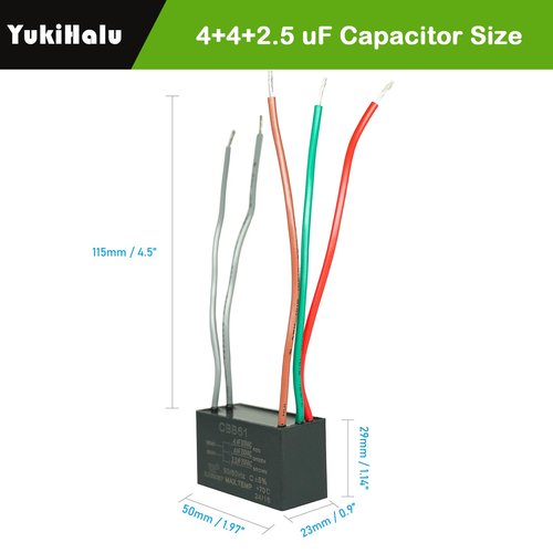 YukiHalu Ceiling Fan Pull Chain Switch 3 Speed 4 Pre-Installed Wires, Ceiling Fan Capacitor CBB61 4uf + 4uf + 2.5uf 5 Wires 250V, Light Switch for Fan and Light (‎ZE-208s Nickel, 4+4+2.5uF)