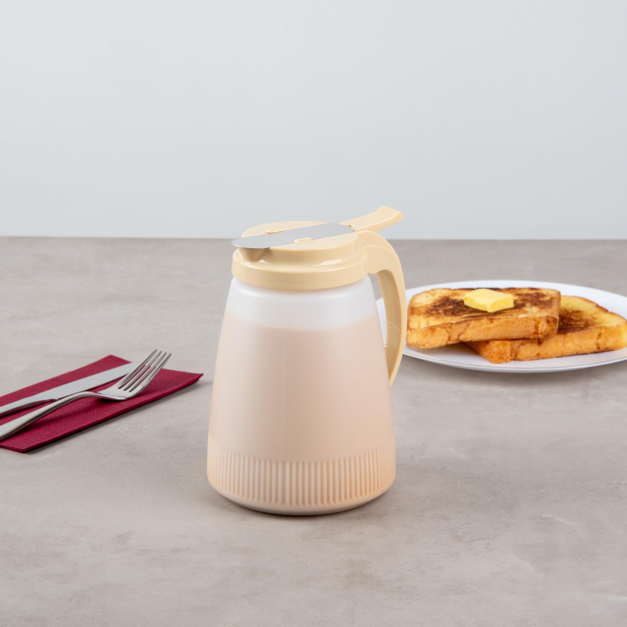 Restaurantware-Chef 101 48 Ounce All Purpose Syrup Dispensers, 10 Honey Dispensers - Beige Top, Stainless Steel Slide Cover, Plastic Pancake Syrup Bottle, Perfect For Diners, Restaurants, Home