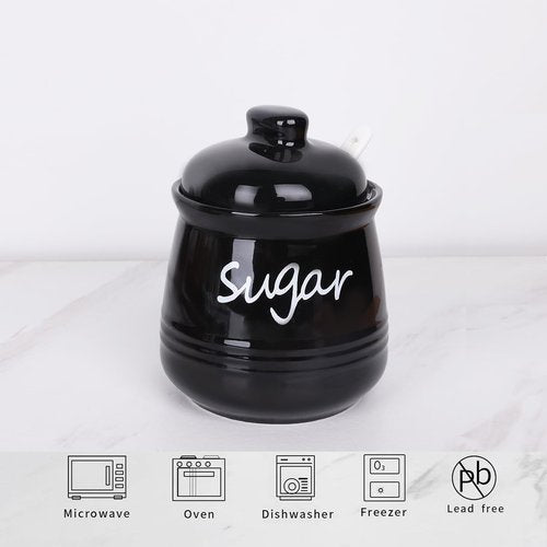 HAOTOP 12oz Sugar Bowl with Lid and Spoon,Ceramic Sugar Jar Sugar Dispenser Sugar Container Coffee Bar Accessories, Kitchen Countertop Canisters, Black