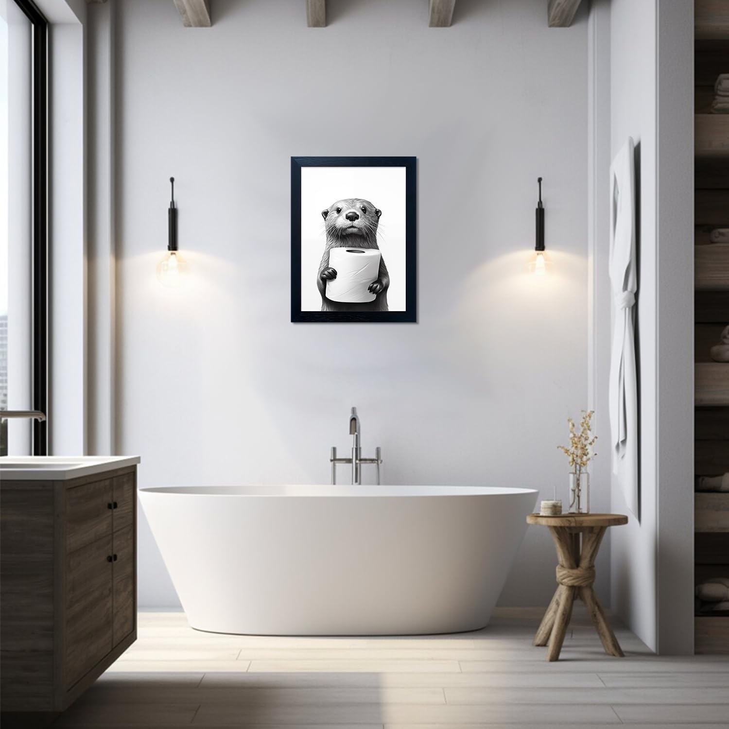 Raccoon Art | Funny Black and White Bathroom Wall Decor | Framed Animal Painting