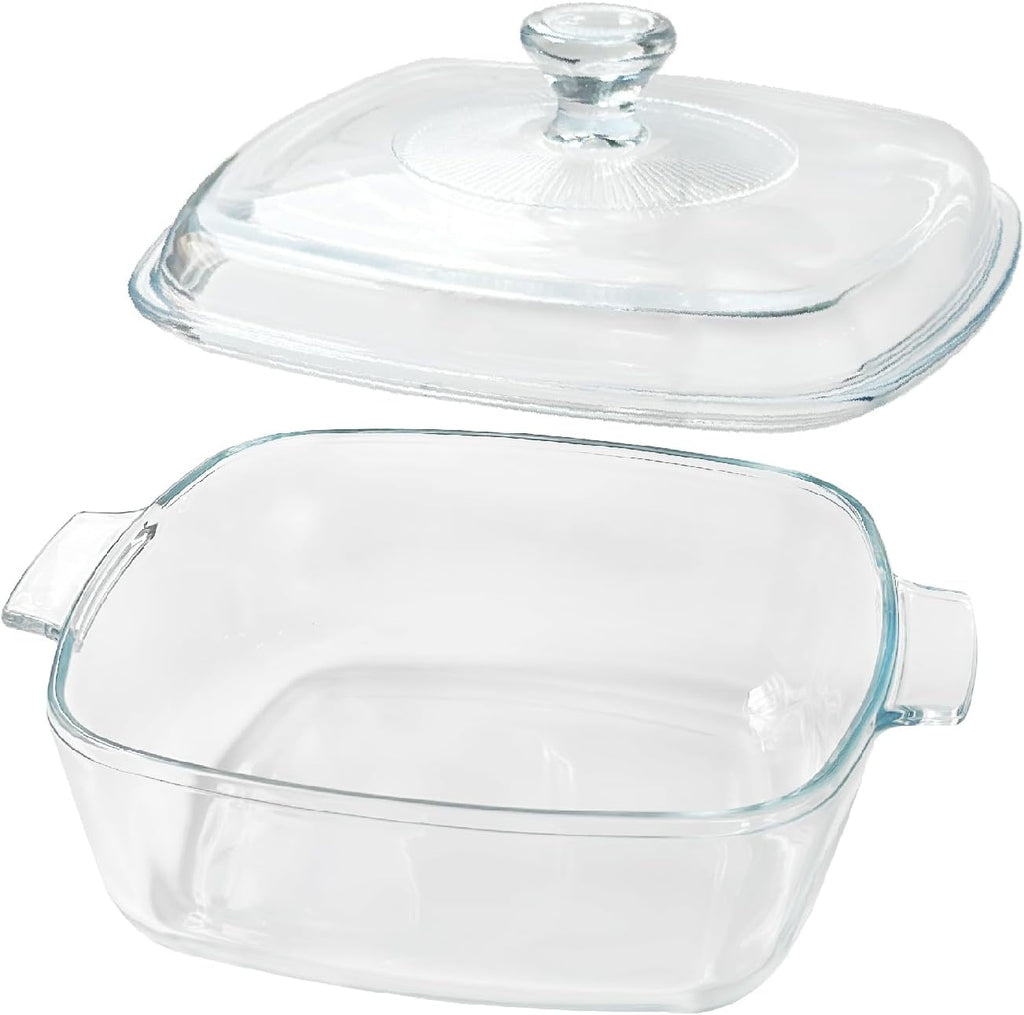 Skiennix Small Tempered Glass Casserole Dish - Oven Safe with Lid | 0.8L Square Baking Dish, Clear