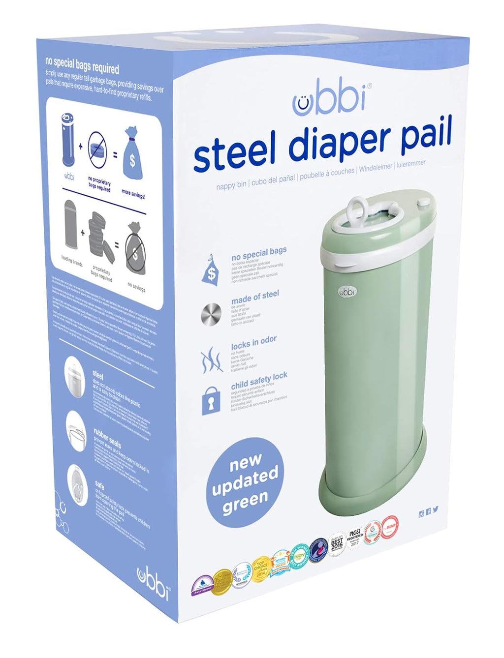 Ubbi Steel Diaper Pail - Odor Locking Design, No Special Bag Needed | Award-Winning Sage Green