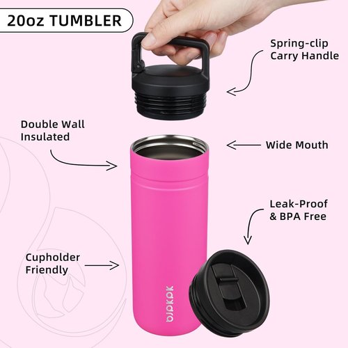 BJPKPK Insulated Water Bottle - 20 oz Double Wall Stainless Steel Tumbler with 2 Lids | Barbie Pink