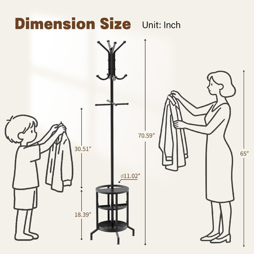 SMLZBJC Coat Rack with Umbrella Holder, Coat Rack Freestanding, Metal Coat Tree with 12 Hooks, Modern Coat Hanger Stand for Entryway Living Room Bedroom Office