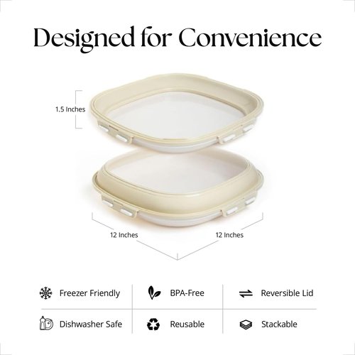 Crudités | Portable Snack Tray | Square 4-Pack | Cream White | Reversible Stretch Lid Food Containers | BPA-Free, Freezer & Dishwasher Safe | Meal-Prep, Charcuterie, Salads, Picnic, Travel