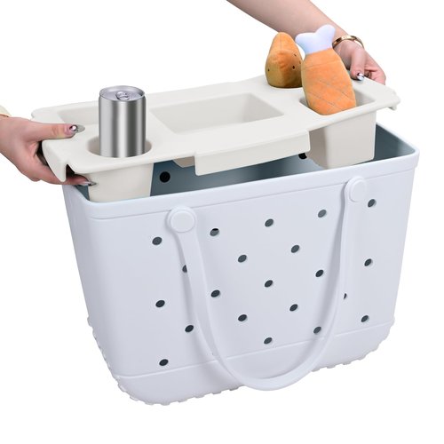 ZYTONGMAO Tote Topper Tray Accessories for Bogg Bag Large Only – Waterproof EVA Table Top Organizer Lid with Cup Holder, Snack, Phone & Drink Holders for Beach, Pool, Picnic, Travel (White)