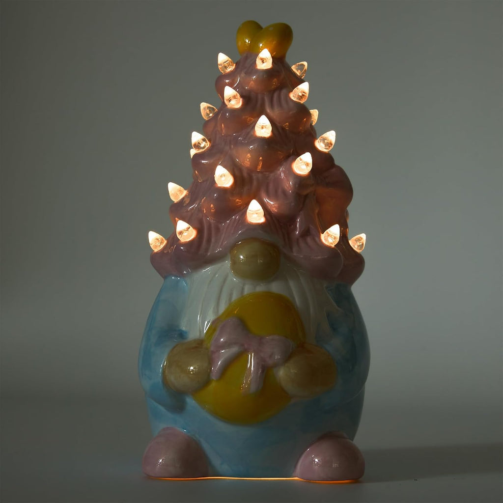 WDS Wondrous Lighted Gnome Figurine - Ceramic LED Easter Decor with Pink Hair & Egg | Spring Table Centerpiece