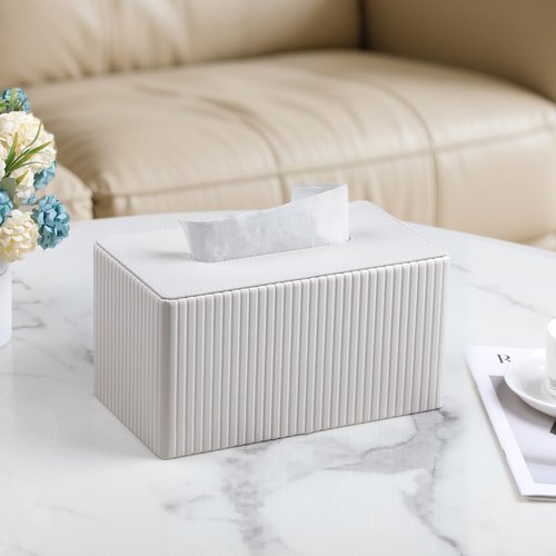MEIBOOCH Extra Large Tissue Box Cover for Standard Size 180 to 230 Count Box of Tissues, PU Leather Rectangle Tissue Holder with Magnetic Closure (Ivory)