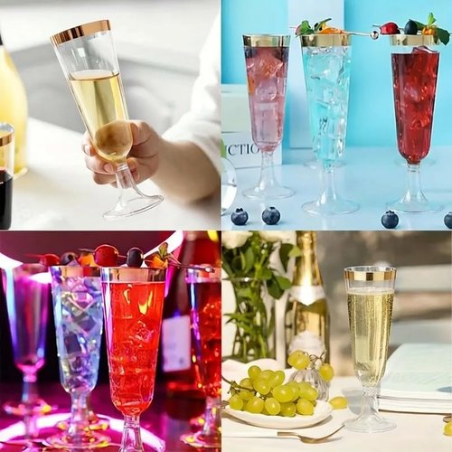 CYUU 50 Pack Plastic Champagne Flutes 5.5oz Clear Gold Rim Disposable Suitable for Wedding, Birthday Party, Thanksgiving Day, Christmas Supplies