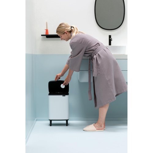 Brabantia Bo Small Lift-Open Trash Can with Raised Legs | 3.2 Gal / 12L | White | Free Standing Bedroom, Bathroom, Nursery Trash Can, Removable Inner Bucket, Non-Slip Feet | + Trash Bags