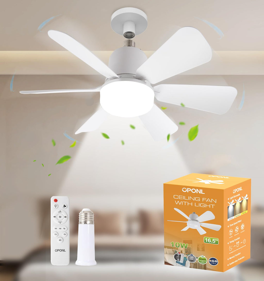 OPONL Socket Fan Light with Remote, 3-Speed Dimmable LED White Socket Ceiling Fan, 6 Colors 3000K-6000K, 1000 Lumens light bulb ceiling fan for Bedroom, Kitchen, Closet