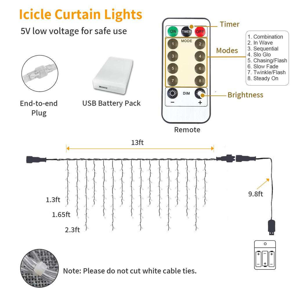 TUSLUZ 13ft Icicle Christmas Lights 96 LED, USB/Battery Powered, Remote Timer, 18 Drops Curtain Fairy Light for Wedding Christmas Halloween Party Room Decoration (Warm White)
