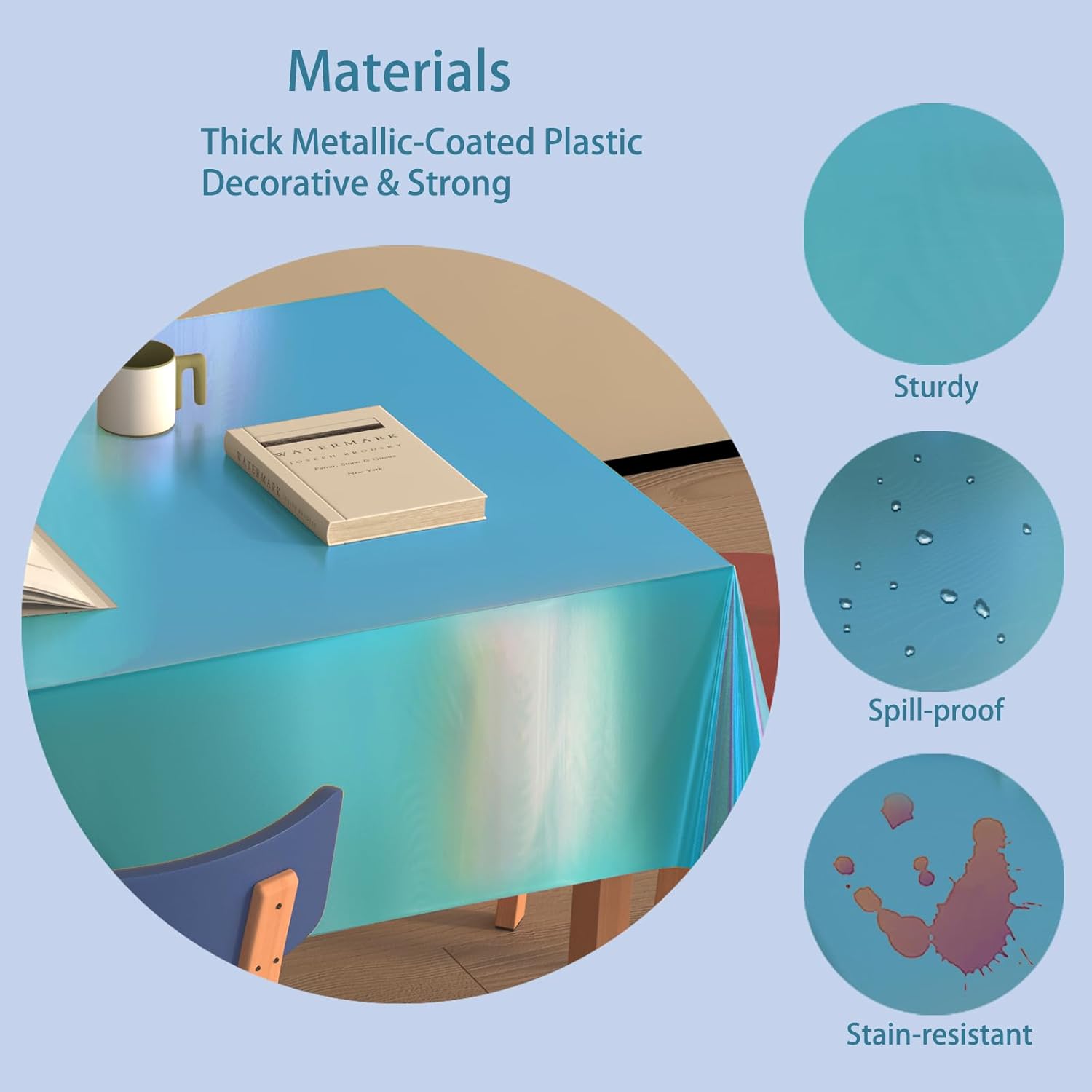 Sparkly Foil Tablecloths by Iridescent | 4 Pack Disposable Covers for Rectangle Tables - 54 x 108 Inch, Blue