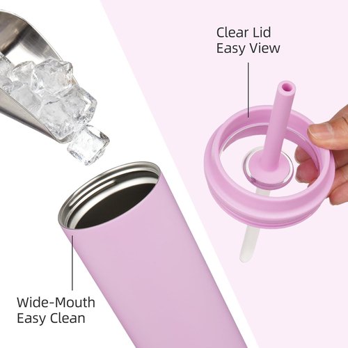 BJPKPK Insulated Tumbler - 20 oz Stainless Steel Travel Mug with Lid & Straw | Spill-Proof, Light Pink