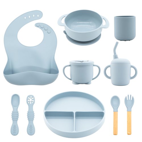CHCC Silicone Baby Feeding Set 10 Pcs, Baby Led Weaning Supplies, Baby Feeding Supplies Set BPA Free, Baby Essentials for Newborn Gift Blue