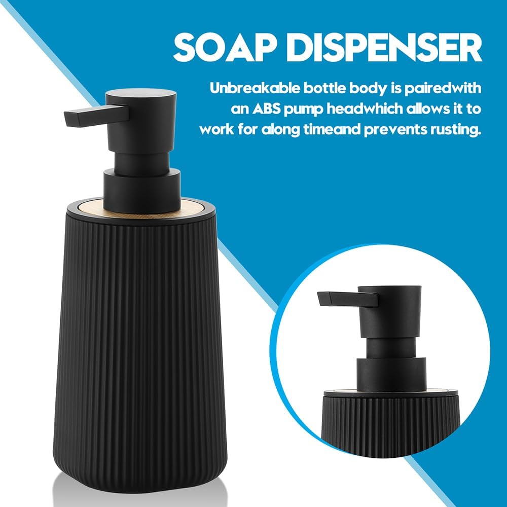 Skiennix Small Soap Dispenser - Modern Farmhouse Striped Design | Black Plastic with Bamboo Accent