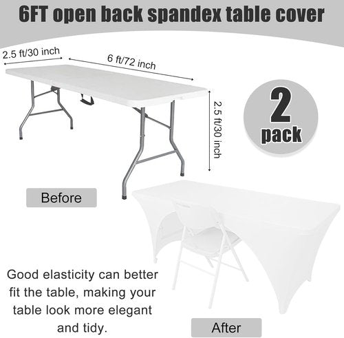 Fivenl Spandex Rectangle Tablecloths - 2 Pack White Fitted Covers for 6-Foot Tables | 72 x 30 Inch, Washable