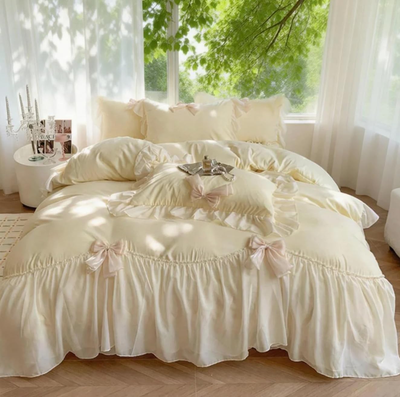 IHOUSTRIY Duvet Cover Twin Size, Ruffle Beddding Set with Bowtie, 2 Pieces Comforter Cover Set with Zipper Closure, Girl Princess Bedding with Pillowcase - Cream Yellow, Twin
