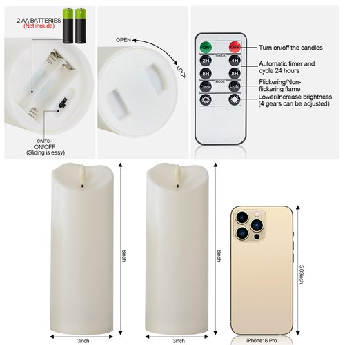 Raycare 8"x3" Outdoor Waterproof Flameless Candles with Remote and Timer, Battery Operated LED Electric Fake Pillar Candle for Christmas Home Wedding Decor, Ivory White, Set of 2