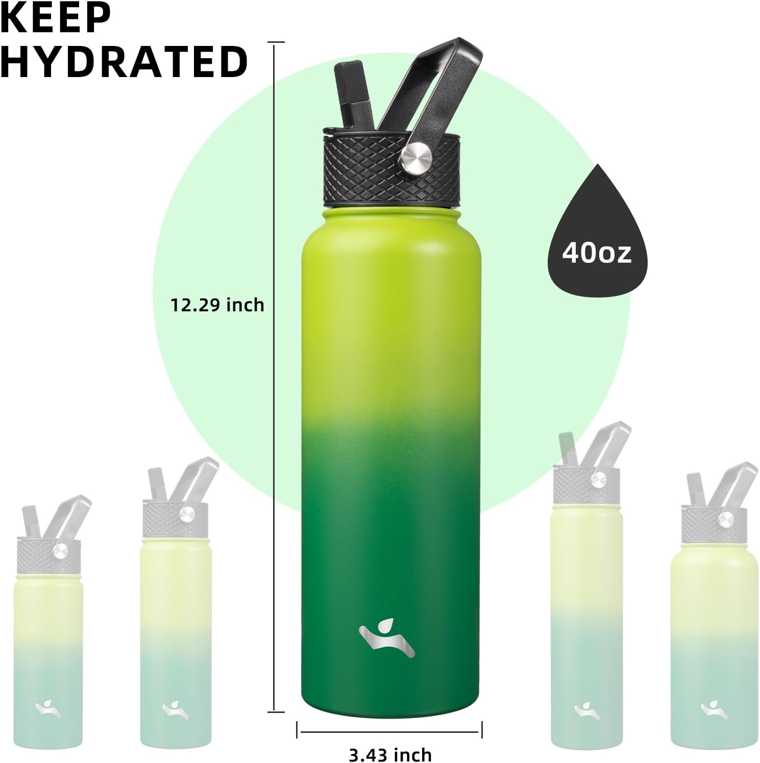 Skiennix 40oz Insulated Stainless Steel Water Bottle - Includes 3 Lids | Bamboo Grove Design