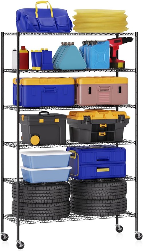 BestOffice 6-Tier Wire Storage Shelves with Wheels - Heavy-Duty Metal, Adjustable Racks, 48x18x77, Black | No-Tool Assembly, Holds Up to 600 lbs, Perfect for Home & Garage