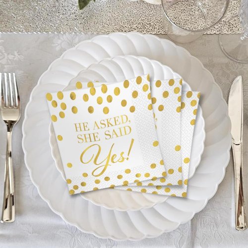 Elegant Gold & White "He Asked, She Said Yes!" Hot Stamped Beverage Napkins - 5" x 5" (Pack Of 16) | Sturdy Paper Materials | Perfect For Weddings & Engagements Celebrations