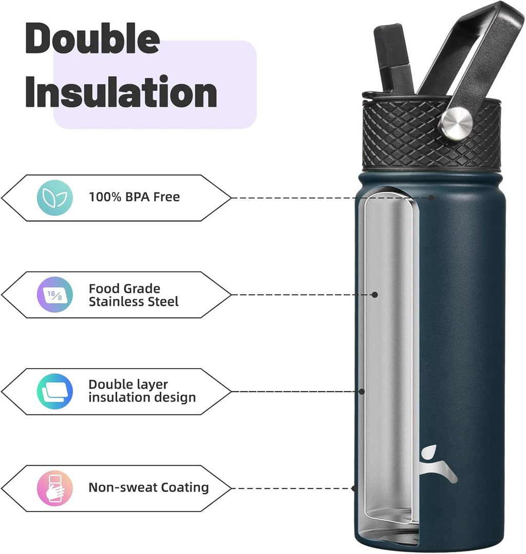 Skiennix 18 Oz Insulated Stainless Steel Water Bottle - Versatile Sport Bottle with 3 Lids | Navy Blue