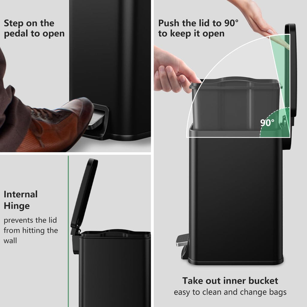 Skiennix Slim Bathroom Trash Can - 1.6 Gallon Stainless Steel with Soft Close Lid & Removable Inner Bucket